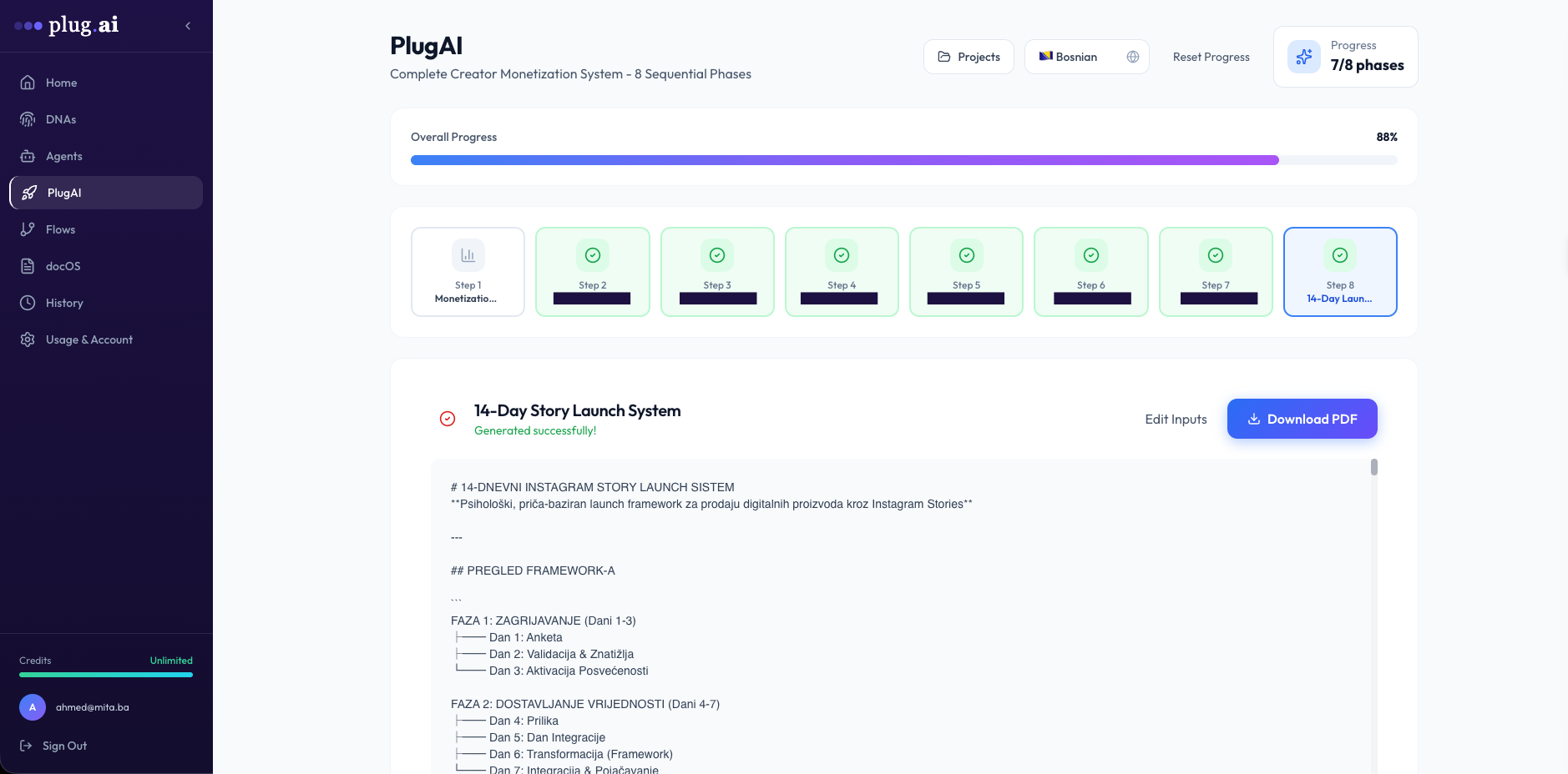 PlugAI — Complete Creator Monetization System with 8 sequential phases and 14-Day Story Launch System